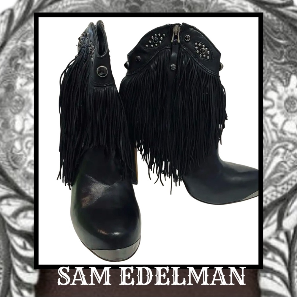 SAM EDELMAN Black Leather Bootie Fringe Heel Platform Bootie 9.5 NEW